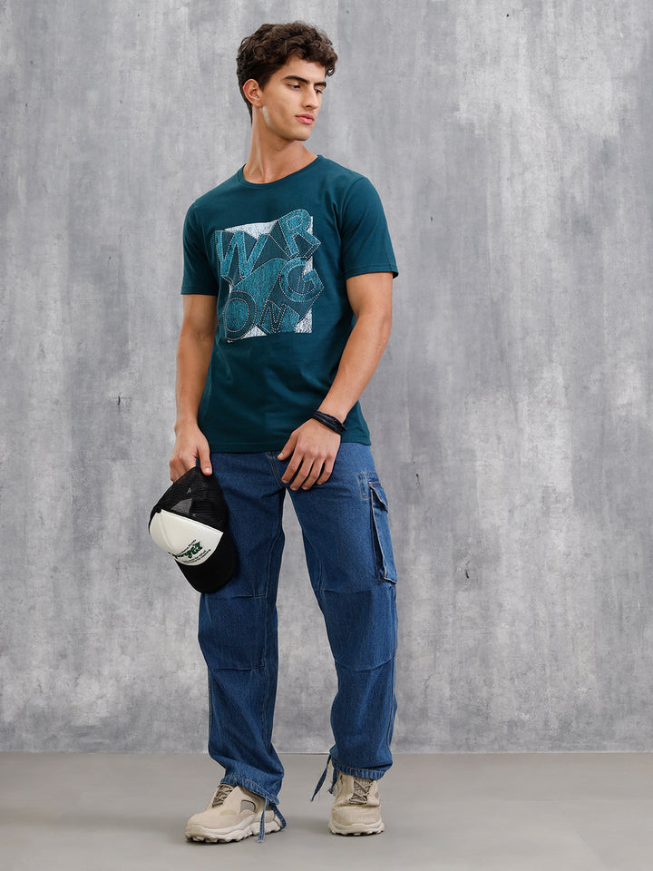 Denim Patchwork Inspired Chest Graphic T-Shirt | Teal