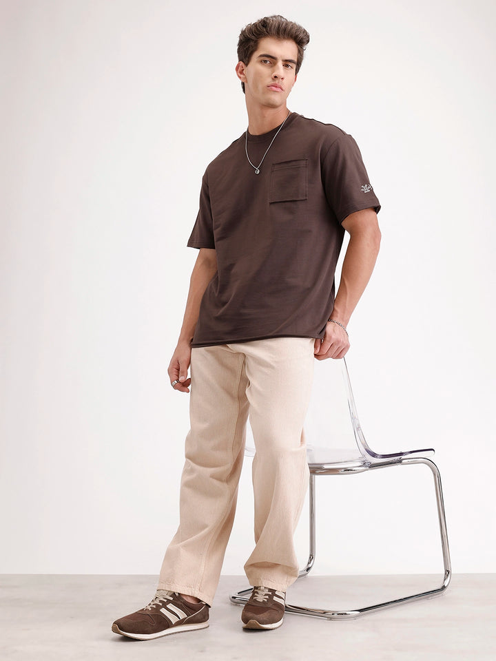 Oversized Solid Patch Pocket T-Shirt | Brown
