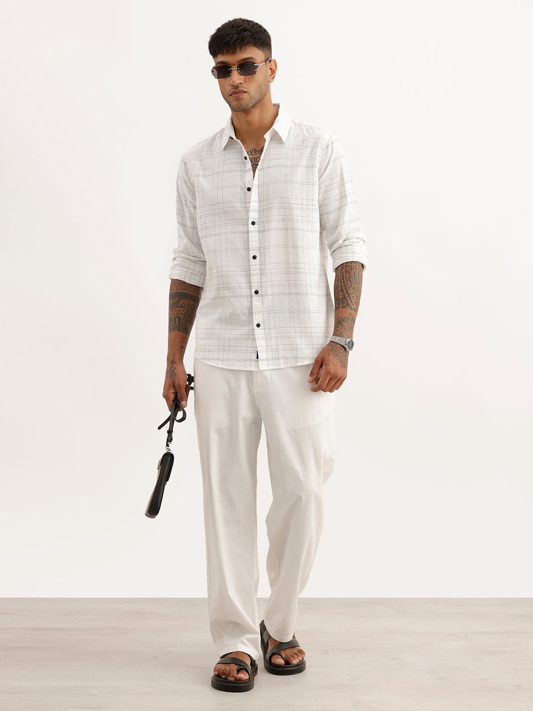 Slim Fit Checkered Full Sleeve Shirt | White