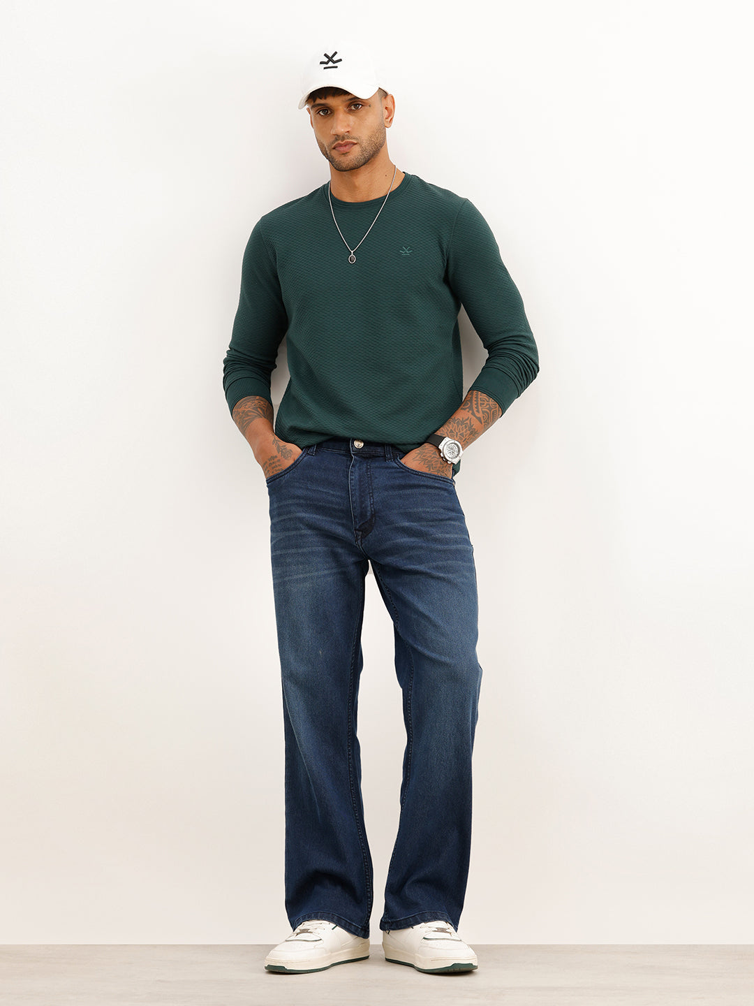 Textured Slim Fit Full Sleeve T-Shirt | Dark Green