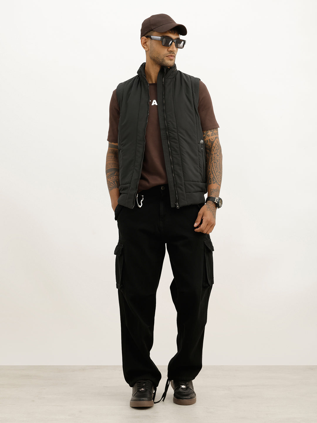 Slim Fit Cut Off Sleeves Hooded Puffer Jacket | Black