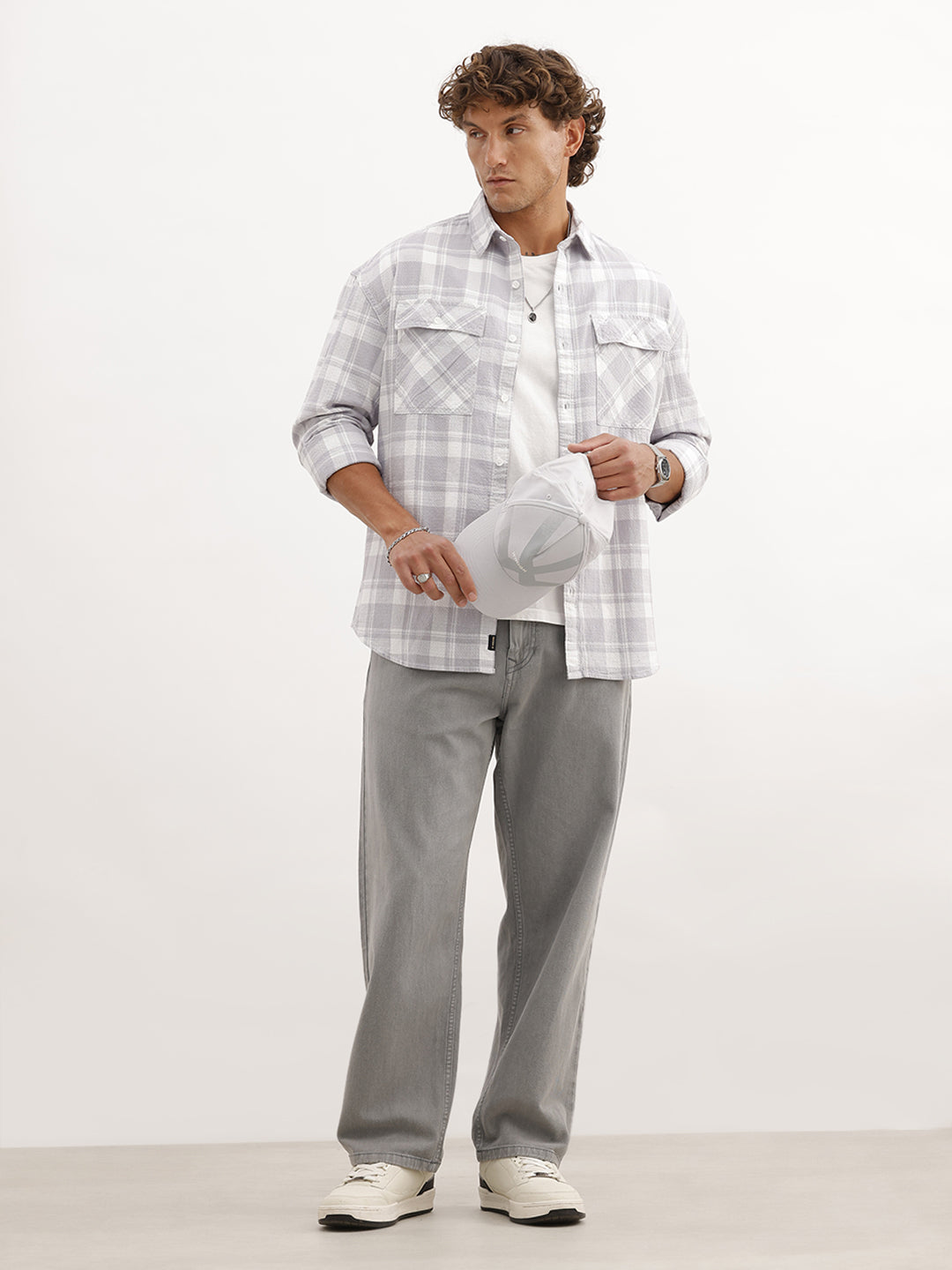 Oversized Double Pocket Checkered Shirt | Grey