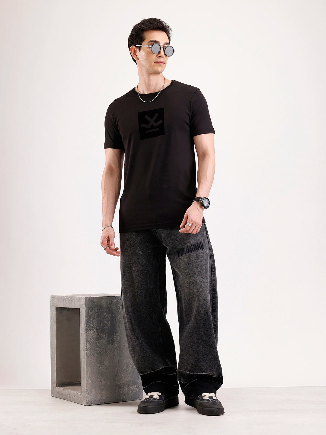 Solid Flock Printed T-Shirt   |  Black