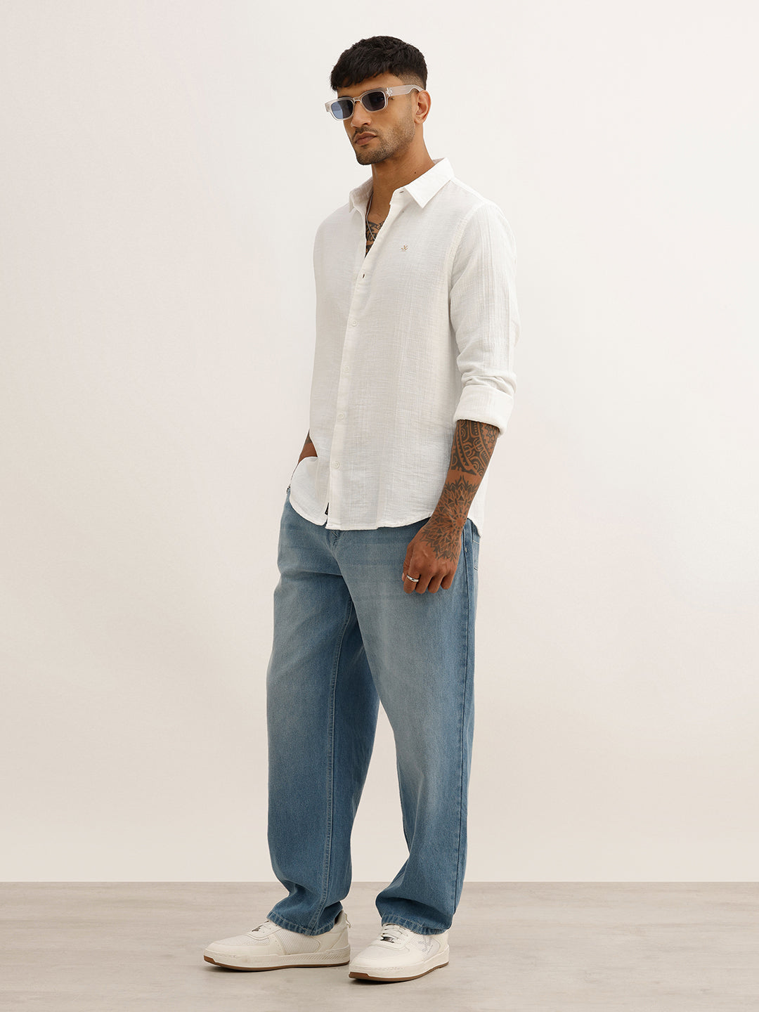 Solid Slim Fit Textured Full Sleeve Shirt | White