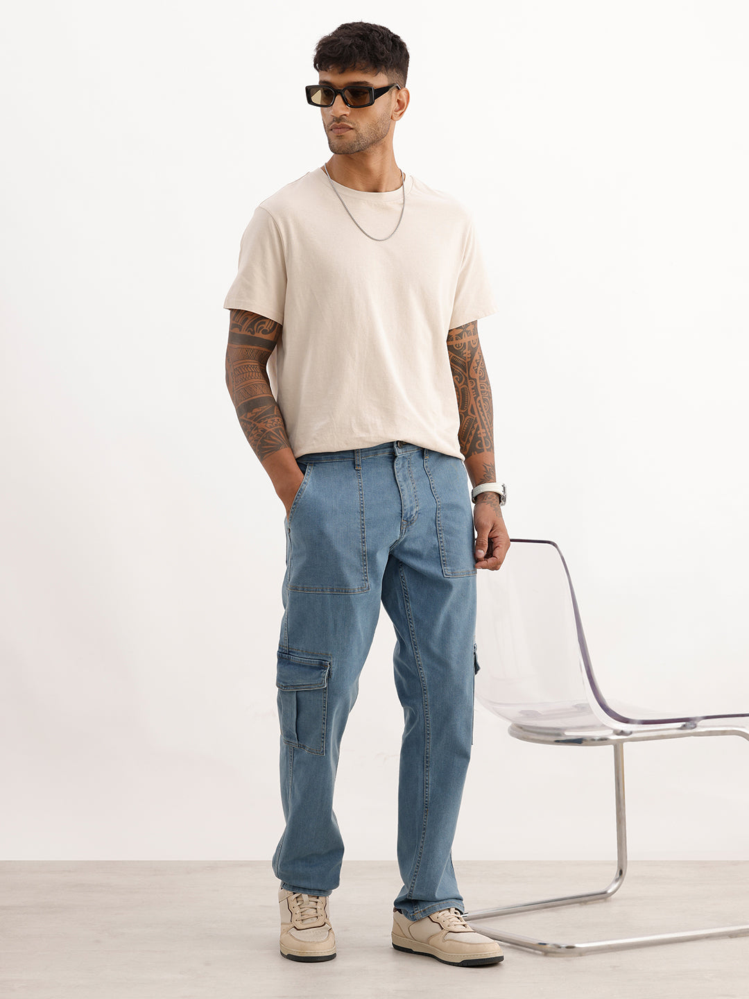 Classic Solid Denim Cargos | Light Blue