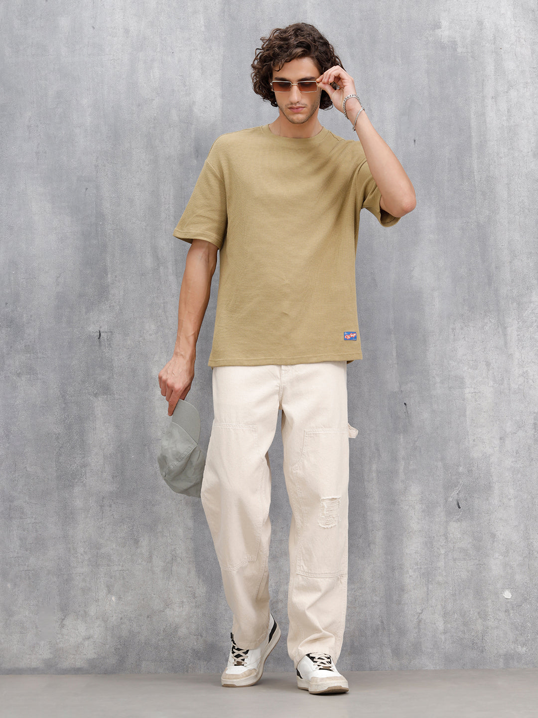 Textured Oversized Crew Neck T-Shirt | Khaki