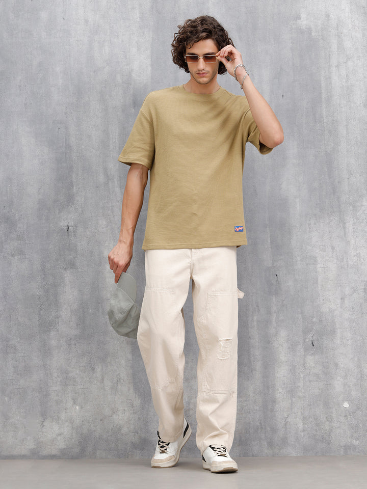 Textured Oversized Crew Neck T-Shirt | Beige