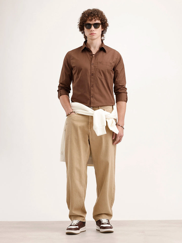 Solid Regular Fit 100% Cotton Shirt | Brown