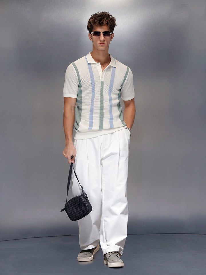 Pastel Stripe Textured Knit Polo | Off White