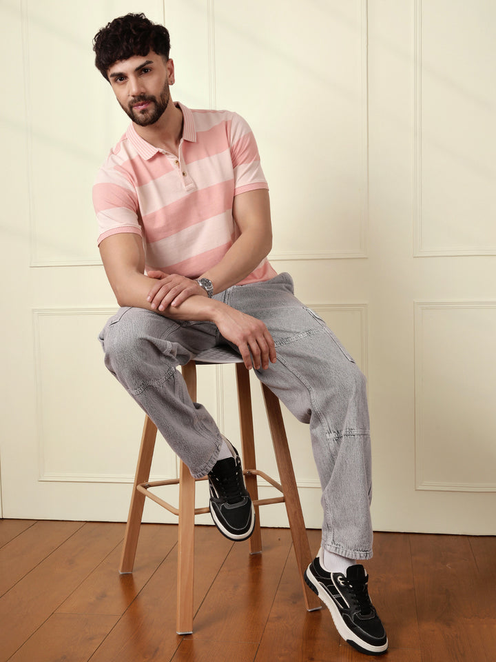 Casual Tonal Striped Polo T-Shirt | Peach