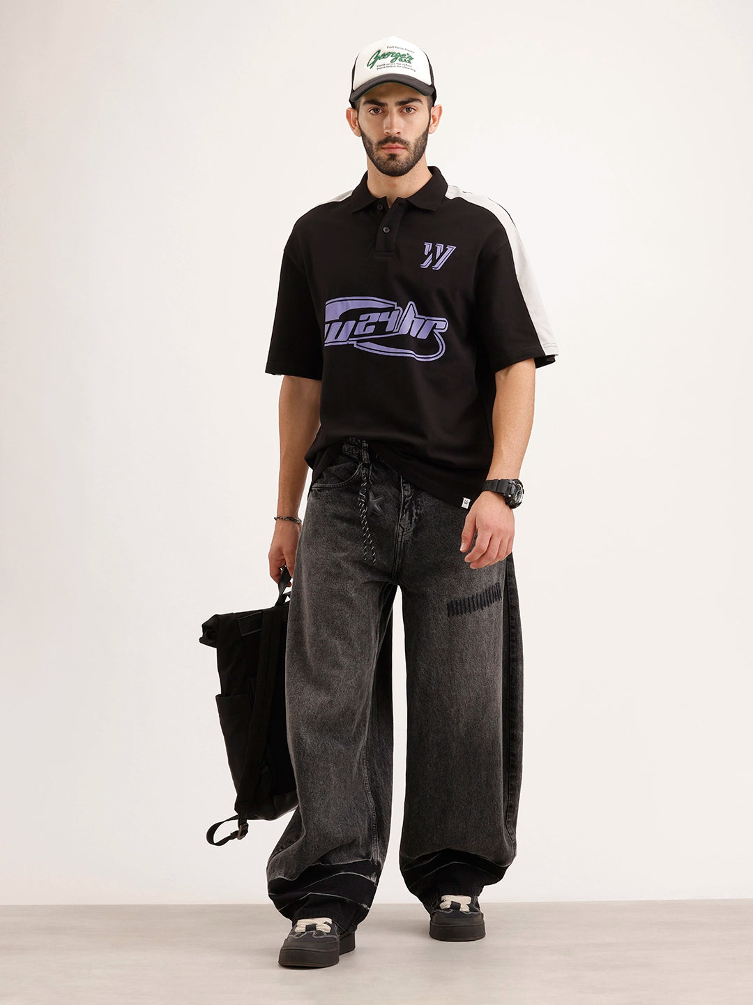 Oversized Placement Printed Polo T-Shirt | Black