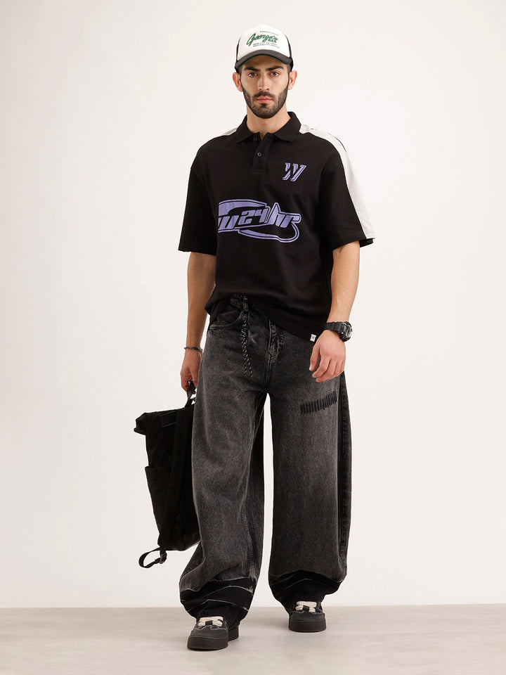 Oversized Placement Printed Polo T-Shirt | Black