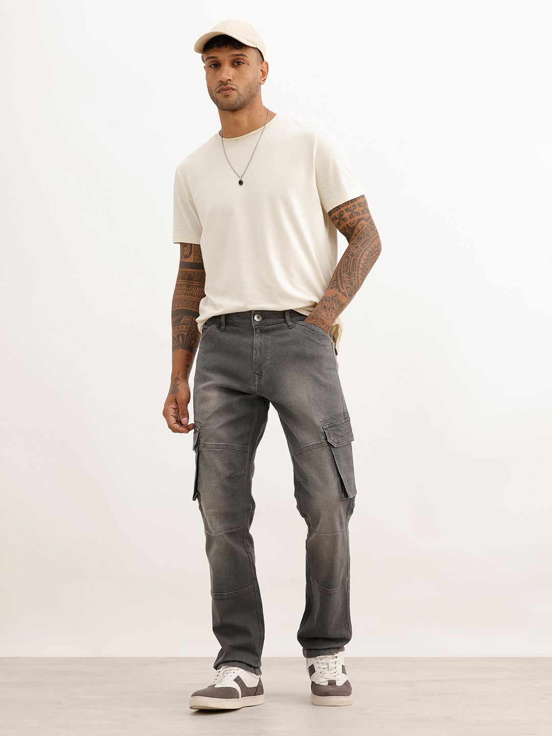 Faded Straight Fit Denim Cargo | Grey