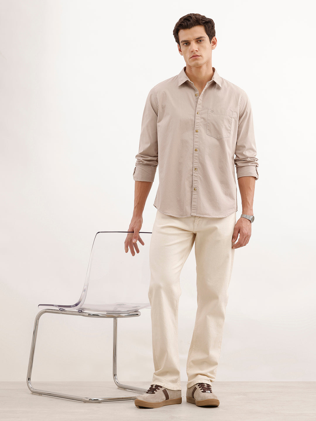 Solid Regular Fit 100% Cotton Shirt  | Beige