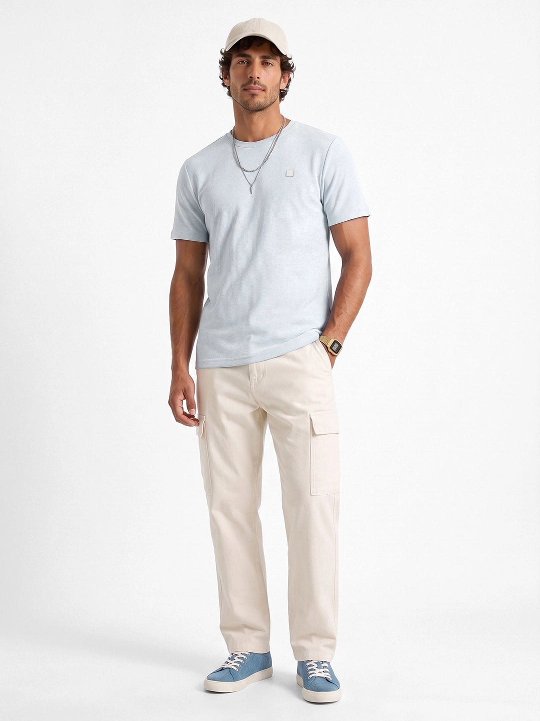 Solid Slim Fit Textured T-Shirt | Blue