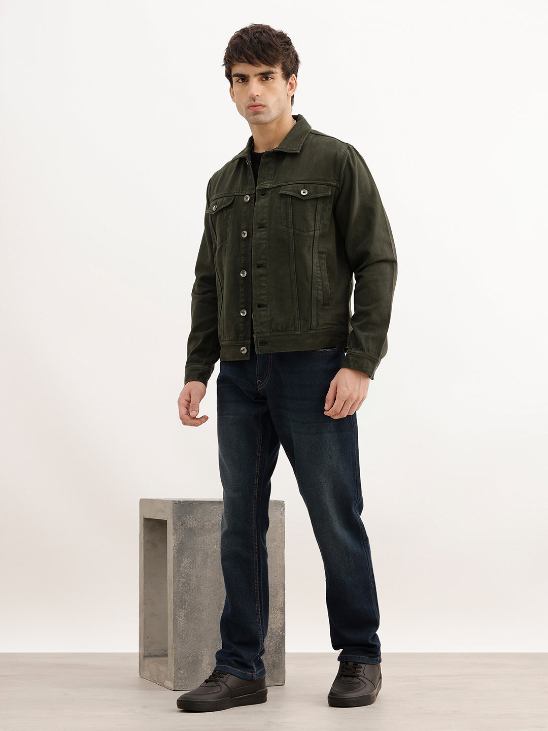 Slim Fit Solid Denim Jacket | Olive | WNJK6381/NS