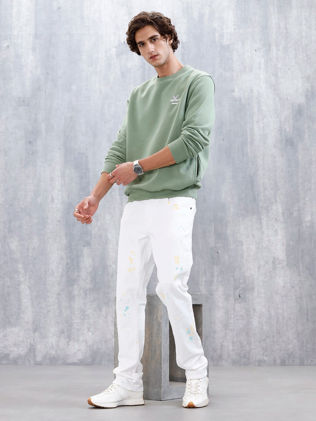 Men's Causal Straight Fit Splatter Effect Jeans | White