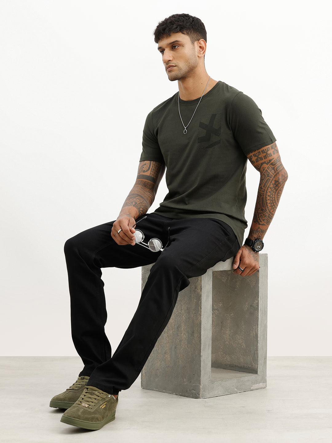 Classic Slim Fit Placement Printed T-Shirt | Olive