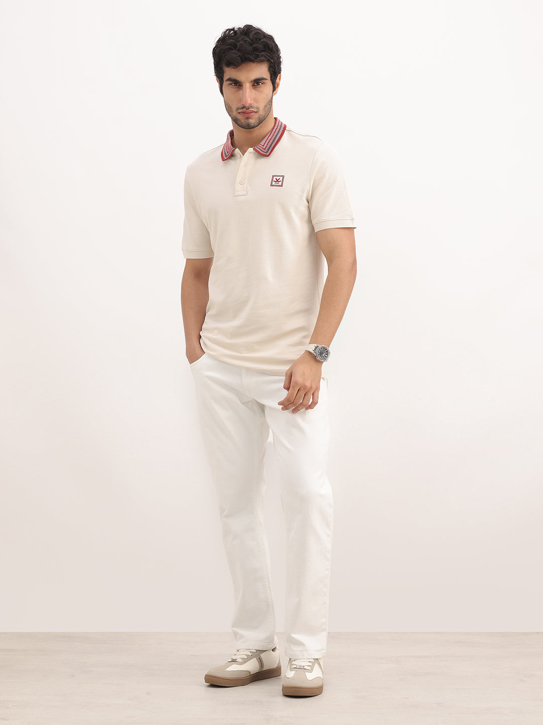 Classic Slim Fit Jacquard Collar Polo T-Shirt | Beige