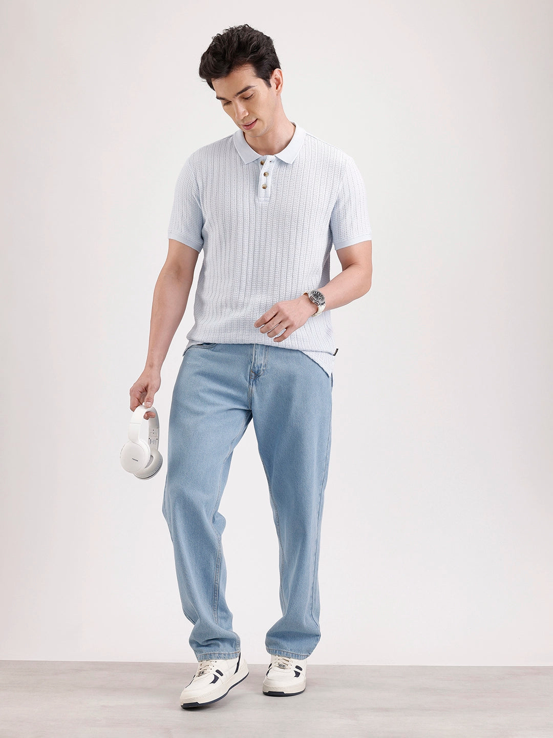 Textured Slim Fit Polo T-Shirt  | Light Blue