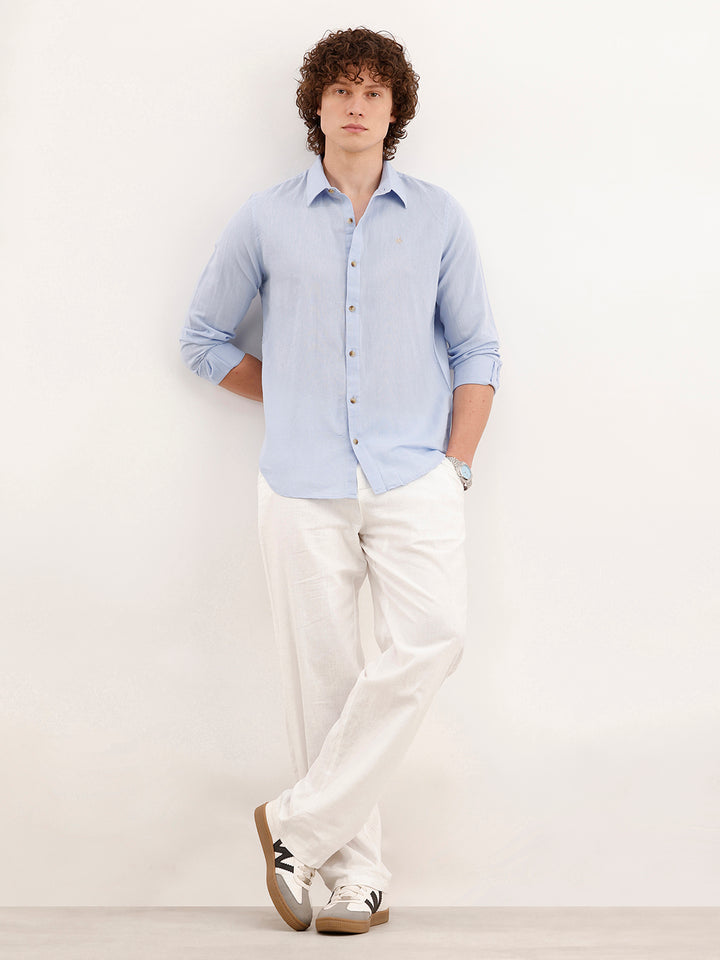 Solid Slim Fit Linen Shirt  | Blue
