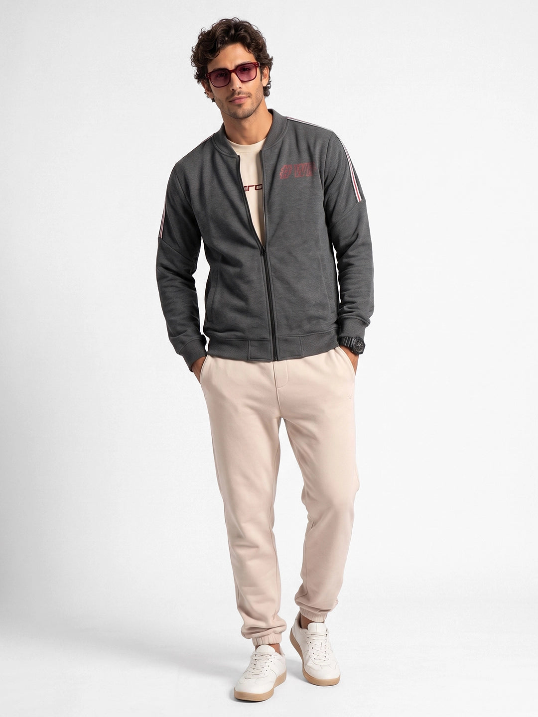 Placement Printed Zipper Jacket | Grey | WNSS7373