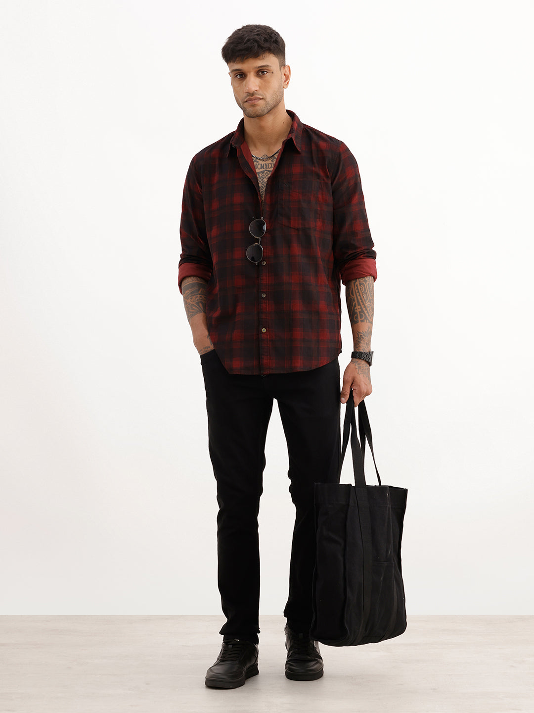 Slim Fit Checkered Full Sleeve Shirt | Maroon
