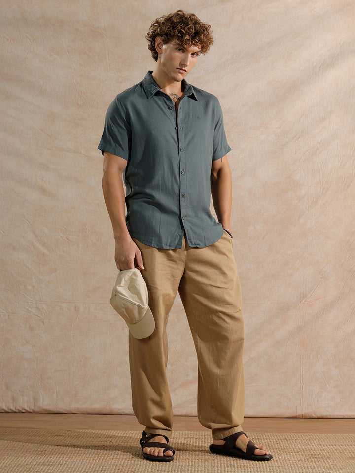 Solid Linen Blend Slim Fit Shirt | Teal