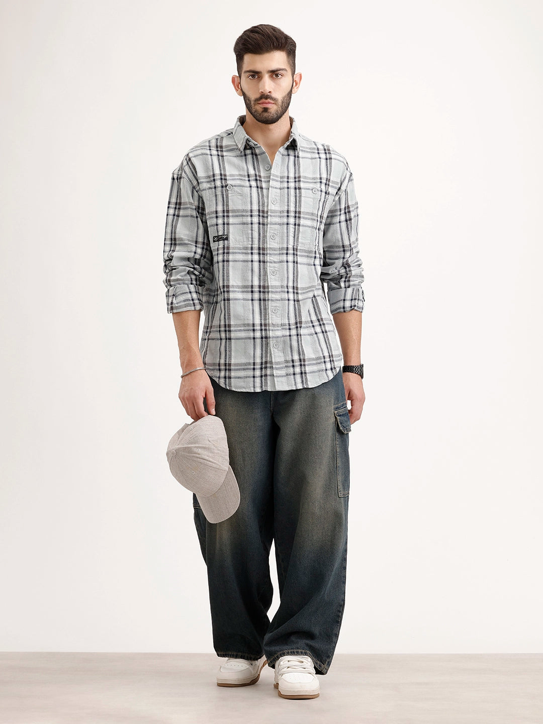 Textured Oversized Fit Double Pocket Shirt | Grey