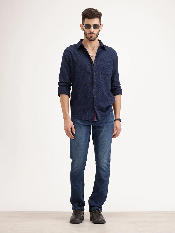 Textured Slim Fit Full Sleeve Shirt | Navy Blue