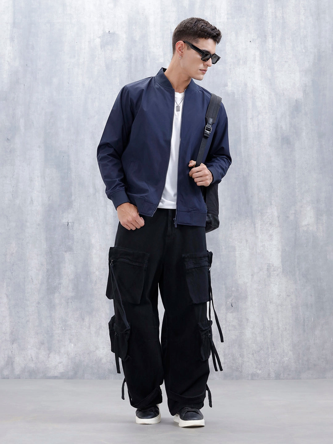 Men's Solid Casual Regular Fit Bomber Jacket | Navy Blue