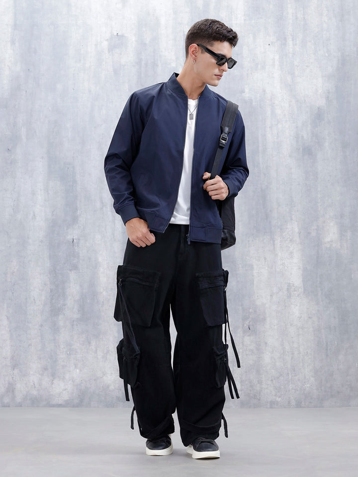 Men's Solid Casual Regular Fit Bomber Jacket | Navy Blue