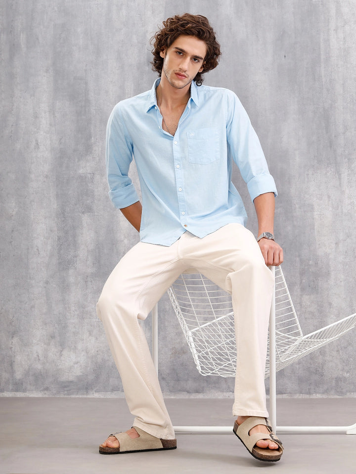 Solid Cotton Slub Slim Fit Causal Look Shirt | Light Blue