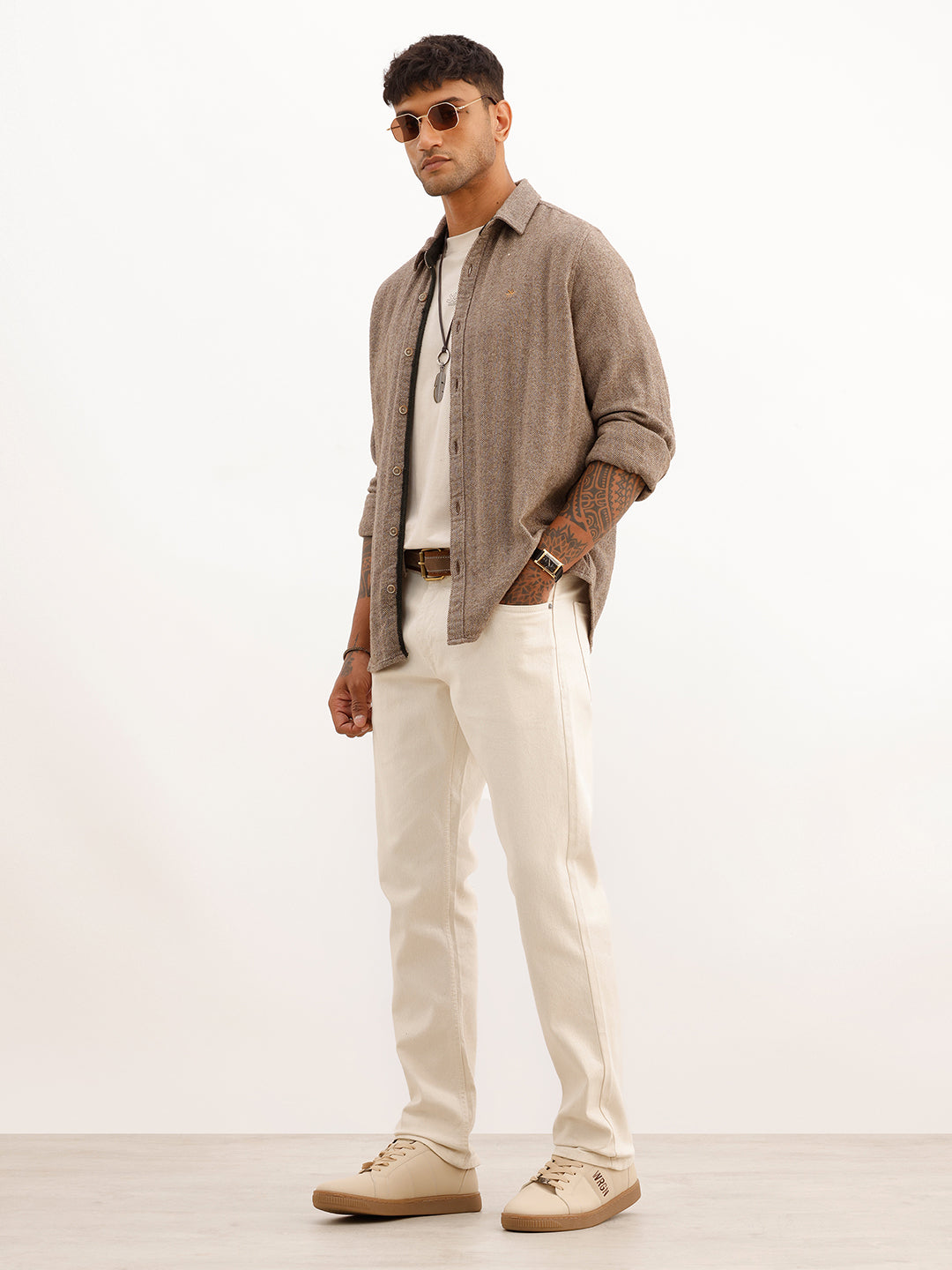 Slim Fit Herringbone Knit Full Sleeve Shirt | Brown