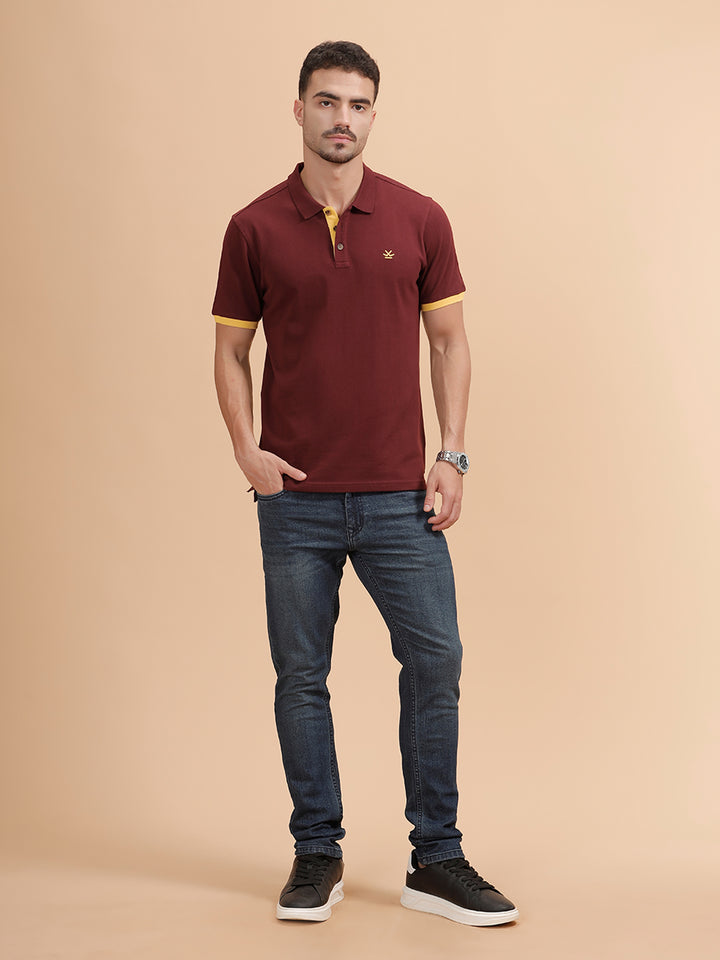 Contrast Detail Slim Fit Polo T-Shirt | Maroon