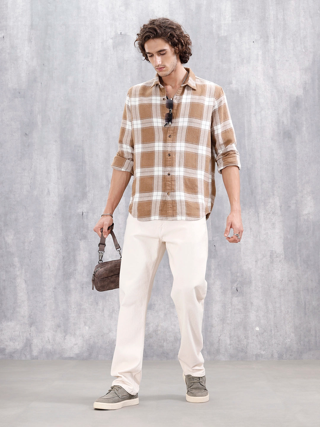 Double Layered Check Slim Fit Shirt | Brown