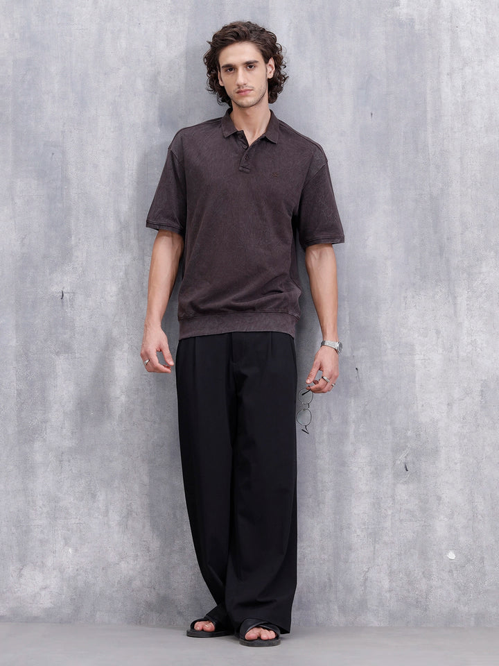 Washed Oversized Polo Neck Tshirt | Brown