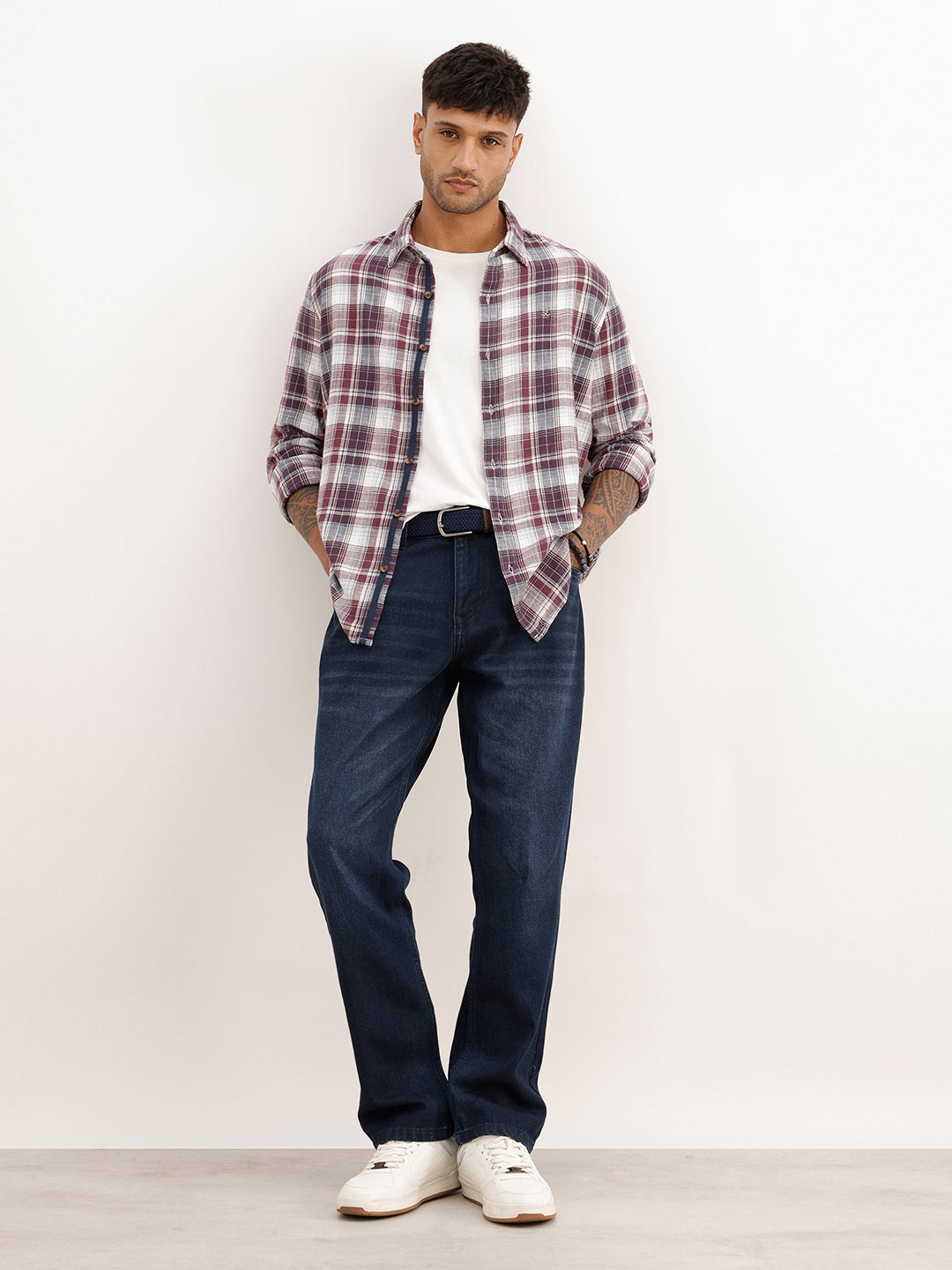 Slim Fit Checkered Full Sleeve Shirt | Maroon