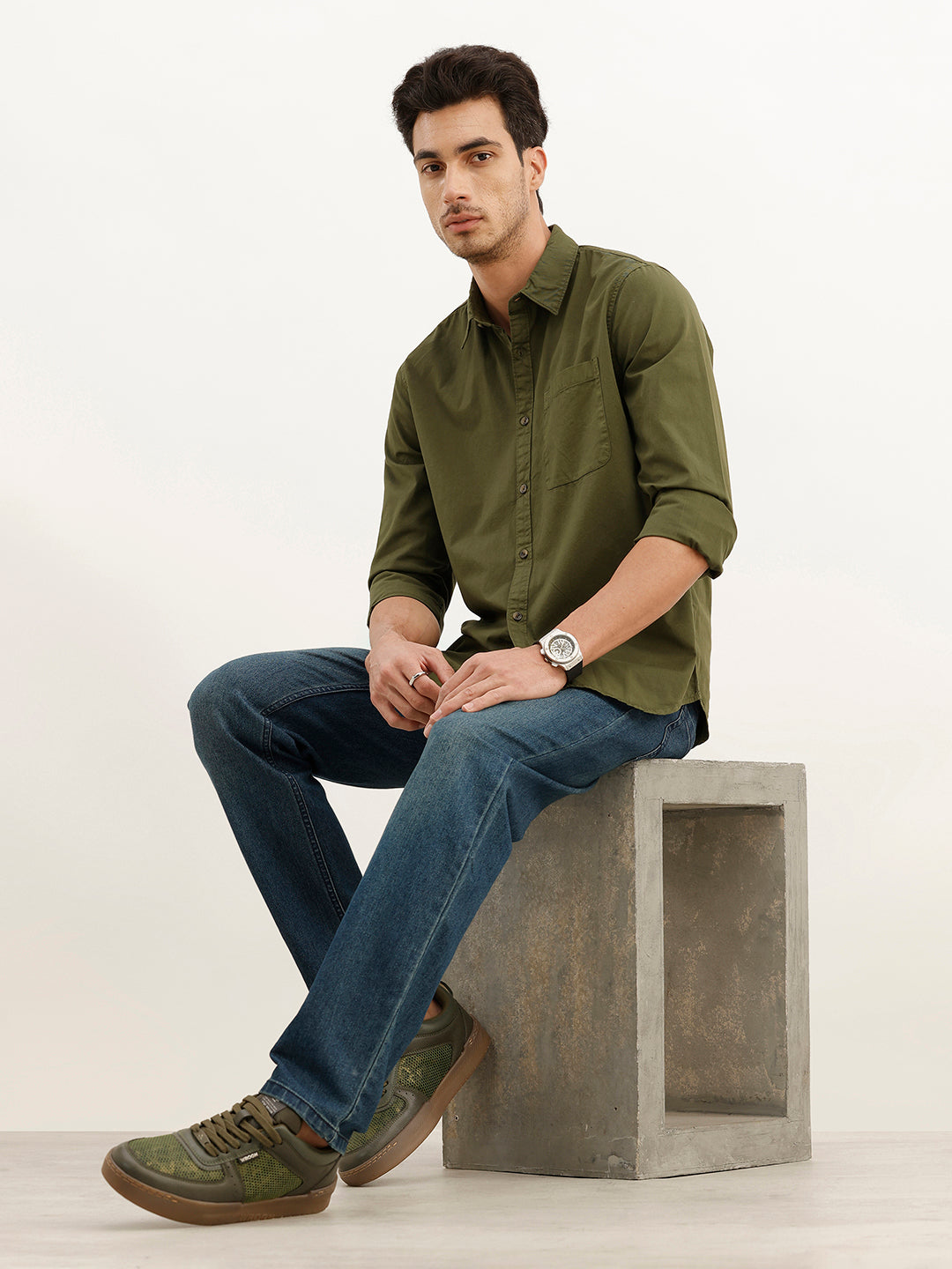 Solid Regular Fit Full Sleeve Shirt | Olive