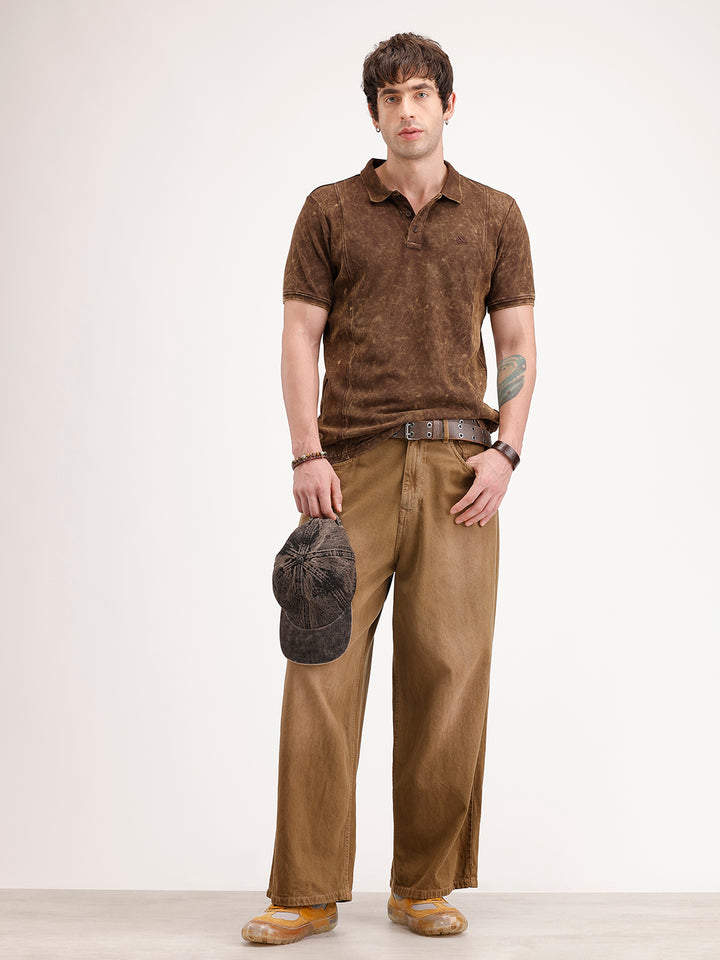 Slim Fit Washed Cut & Sew Polo T-Shirt | Brown