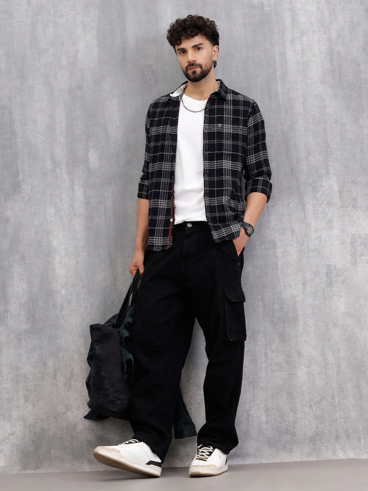Soft Hand Brushed Check Shirt In Crepe Yarn | Black