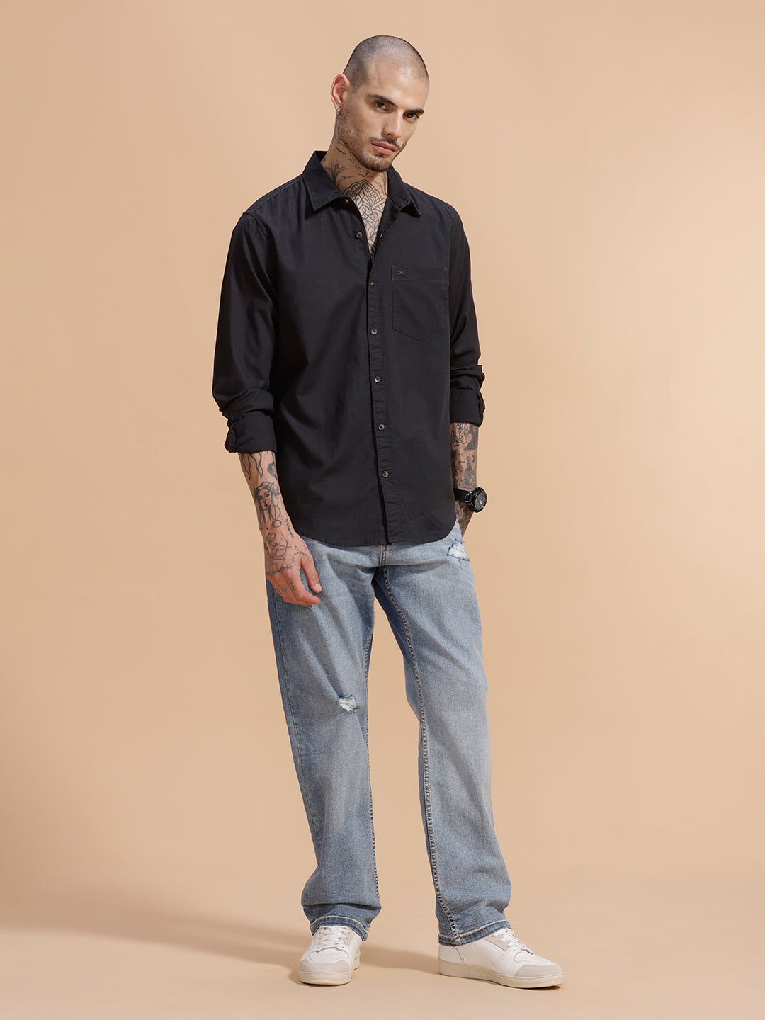 Solid Full Sleeve Cotton Shirt | Dark Grey