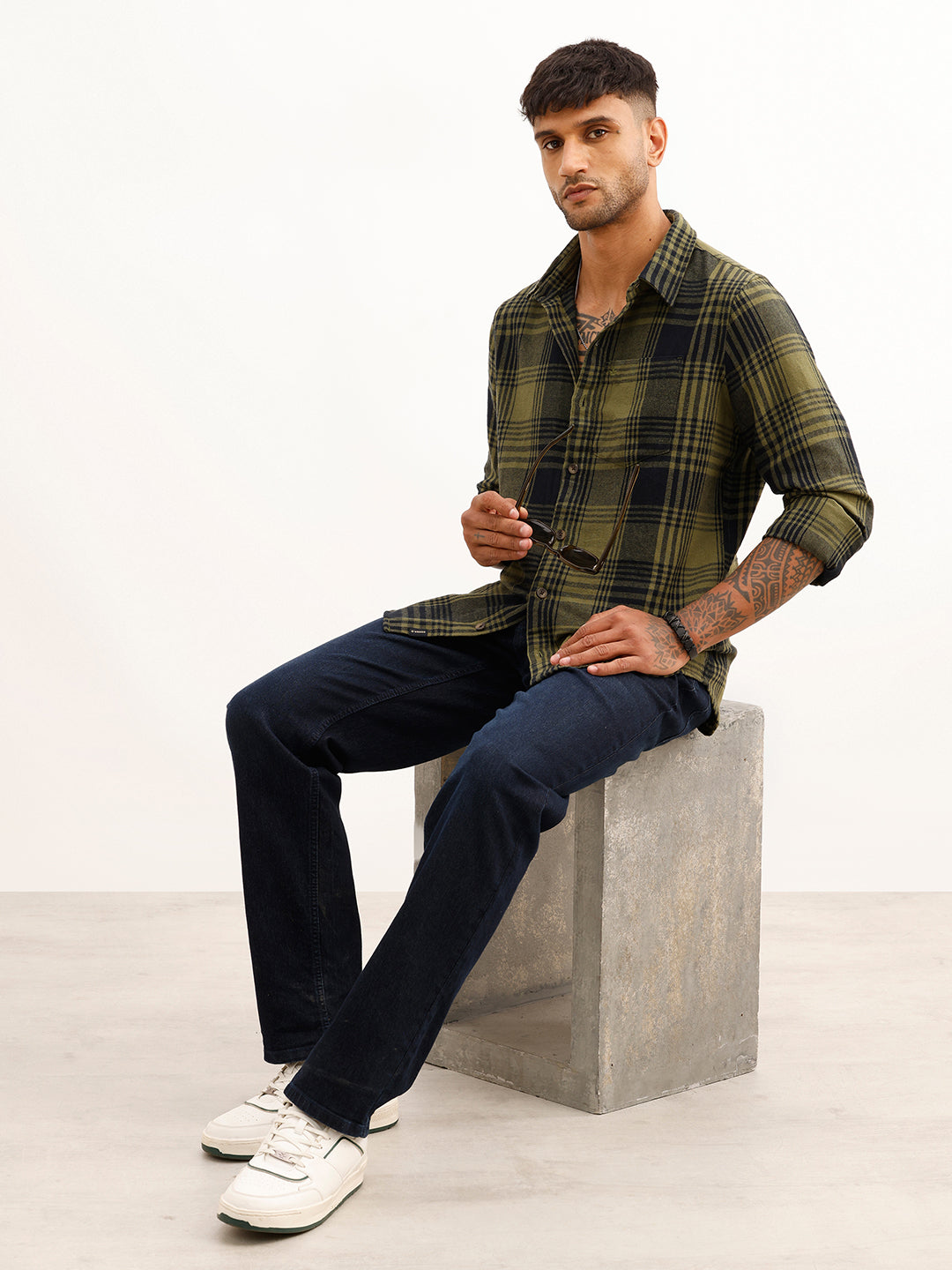Classic Slim Fit Checkered Shirt | Olive