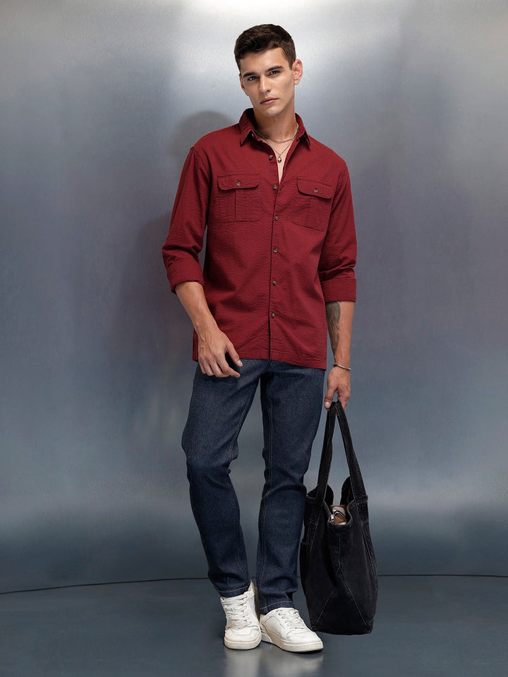 Textured Men's Casual Regualr Fit Shirt | Maroon