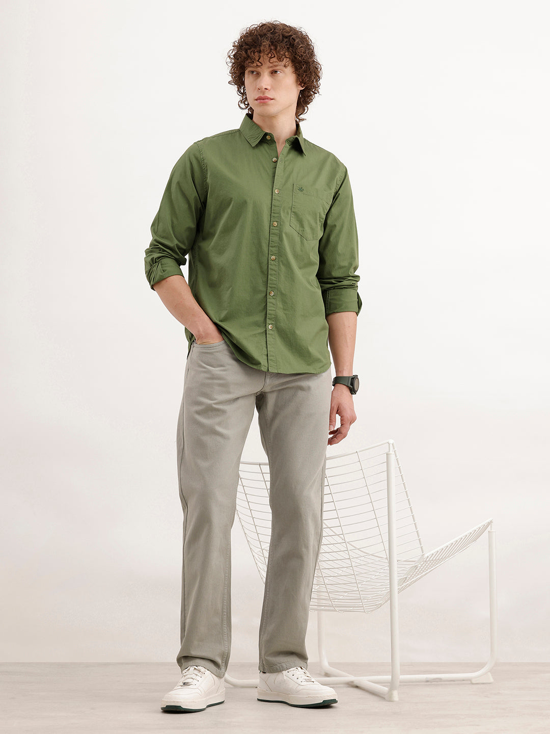 Solid Regular Fit 100% Cotton Shirt | Olive