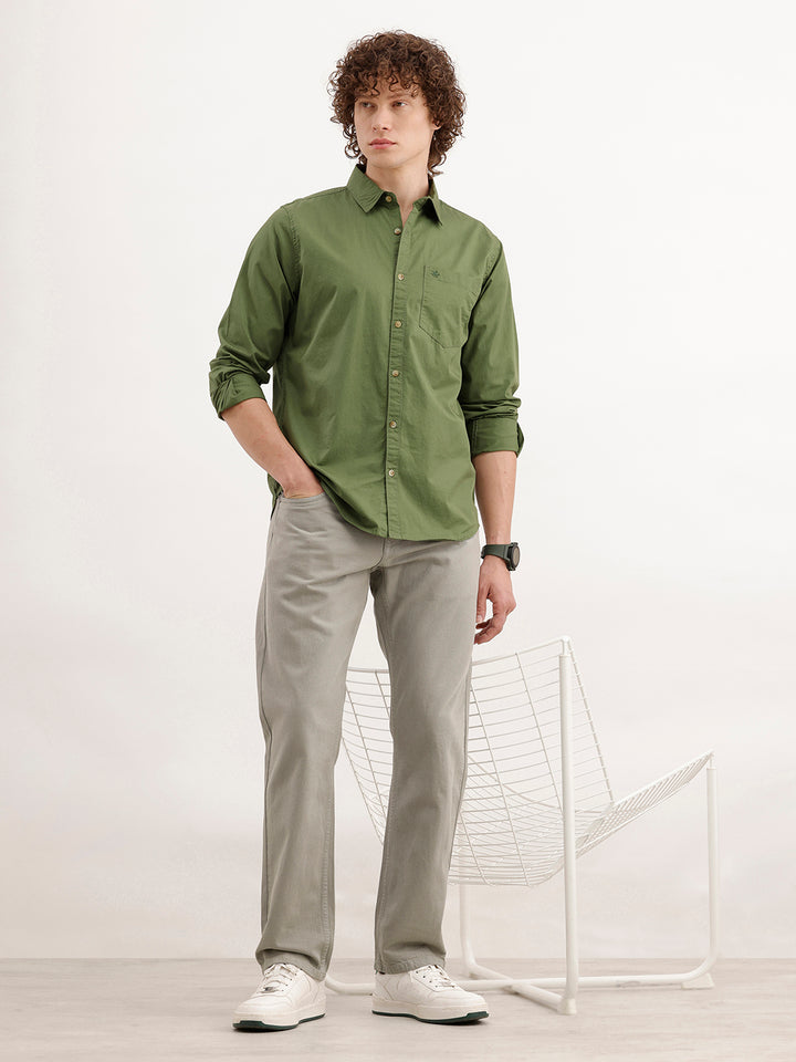 Solid Regular Fit 100% Cotton Shirt | Olive
