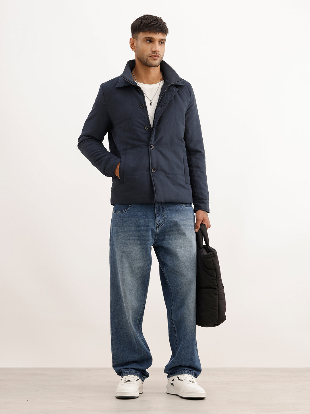 Solid Regular Fit Puffer Jacket | Navy Blue