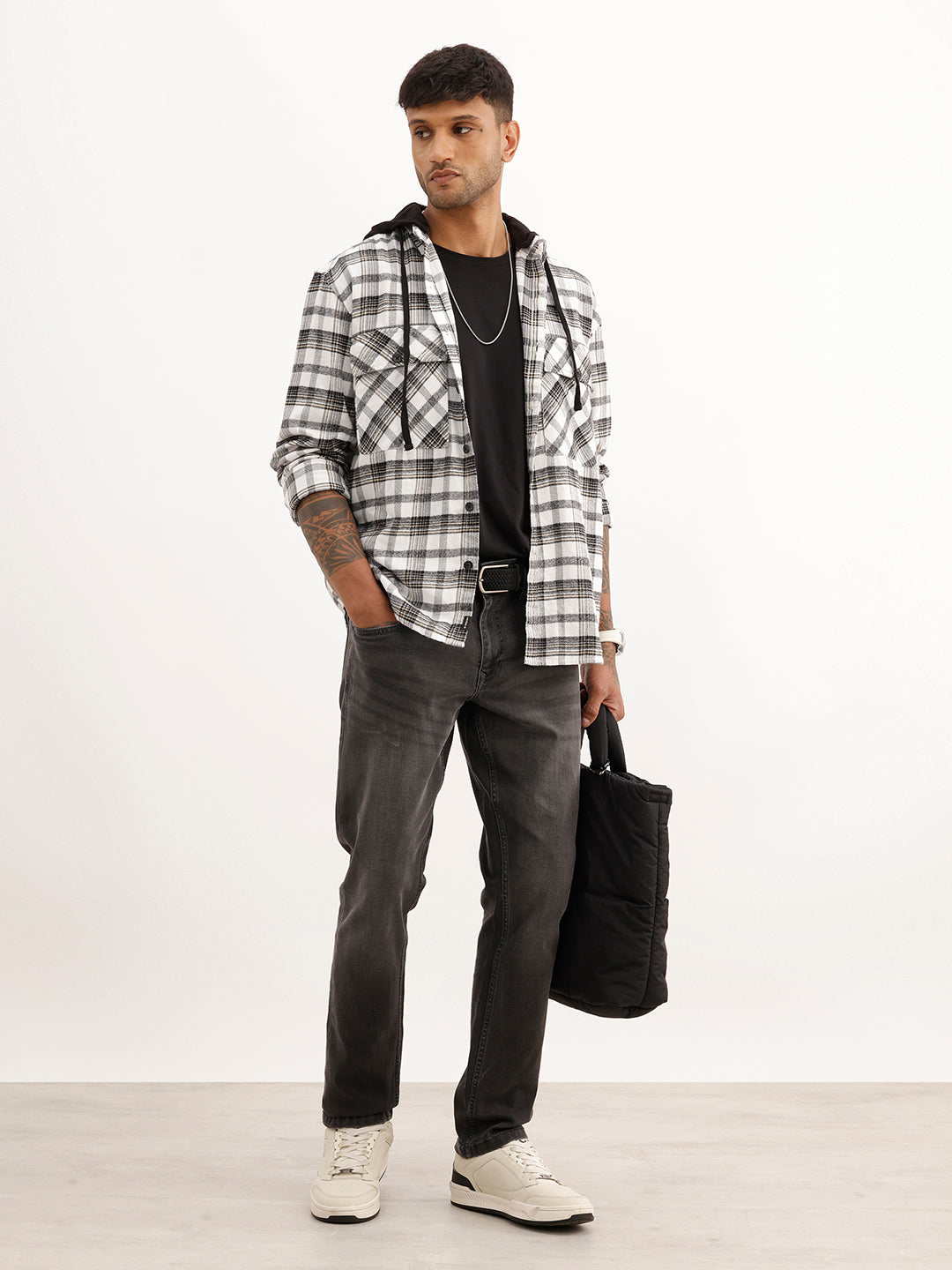 Classic Checkered Hooded Shirt | White