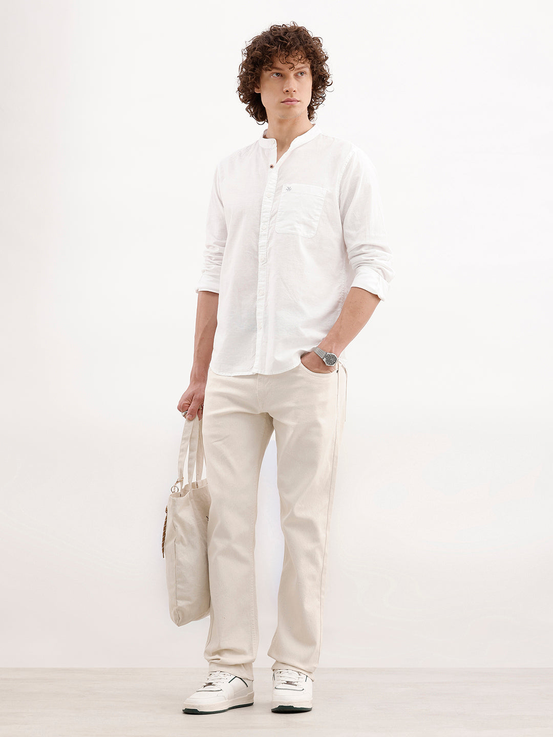 Solid Slim Fit Mandarin Collar Shirt | White