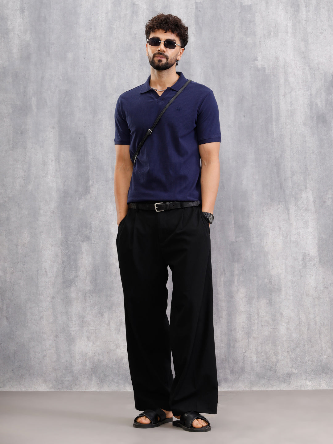 Solid Textured Slim Fit Polo T-Shirt  | Navy Blue